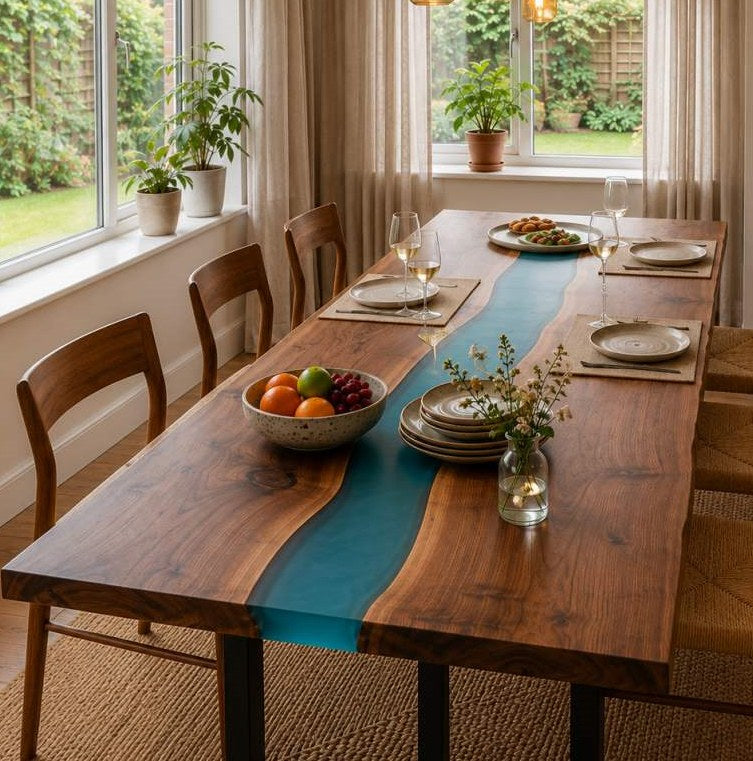 Black walnut epoxy river dining table with a soft blue resin center in a bright, naturally styled family dining room