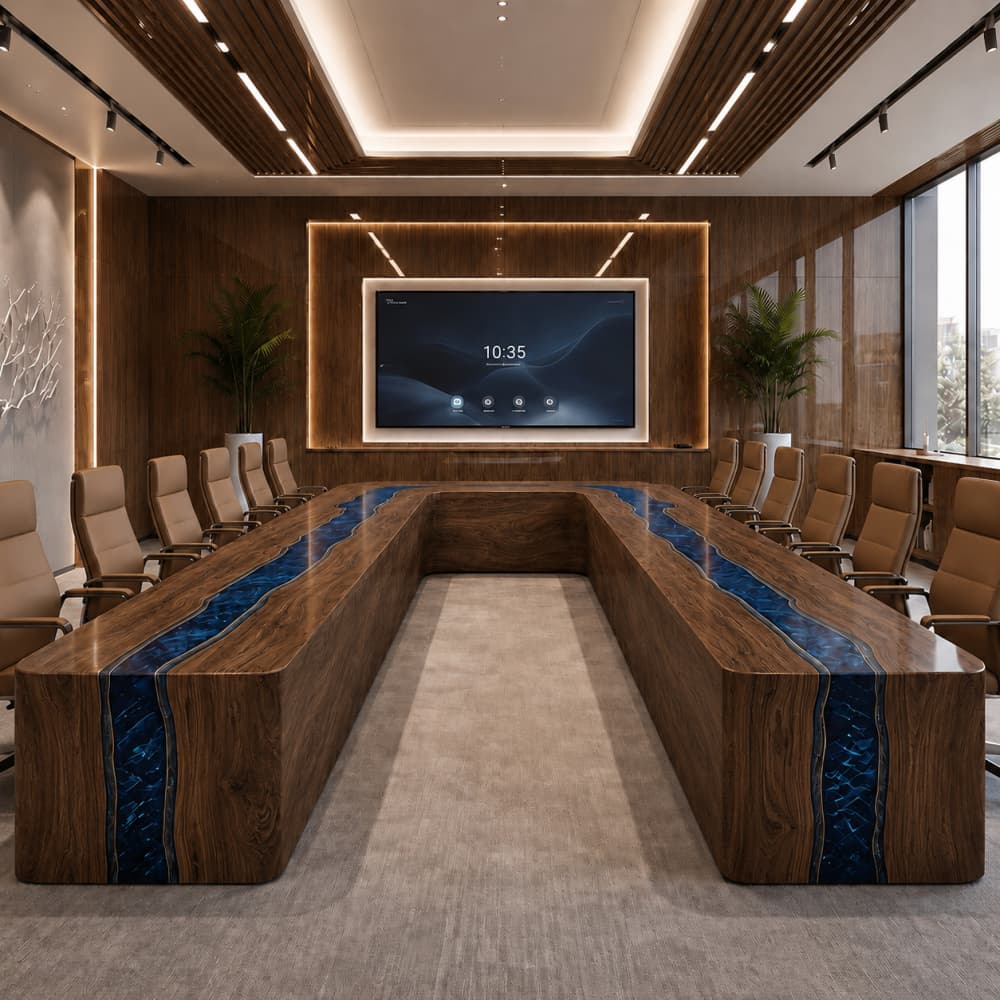 Black walnut U-shaped conference table with blue swirl epoxy river in executive boardroom