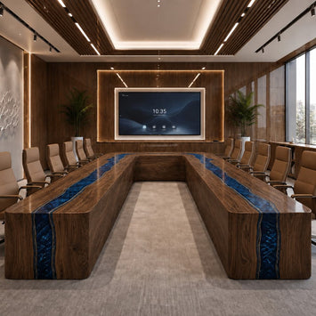Black walnut U-shaped conference table with blue swirl epoxy river in executive boardroom