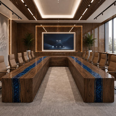Black Walnut U-Shaped Conference Table with Swirl Blue Resin River | CT-12