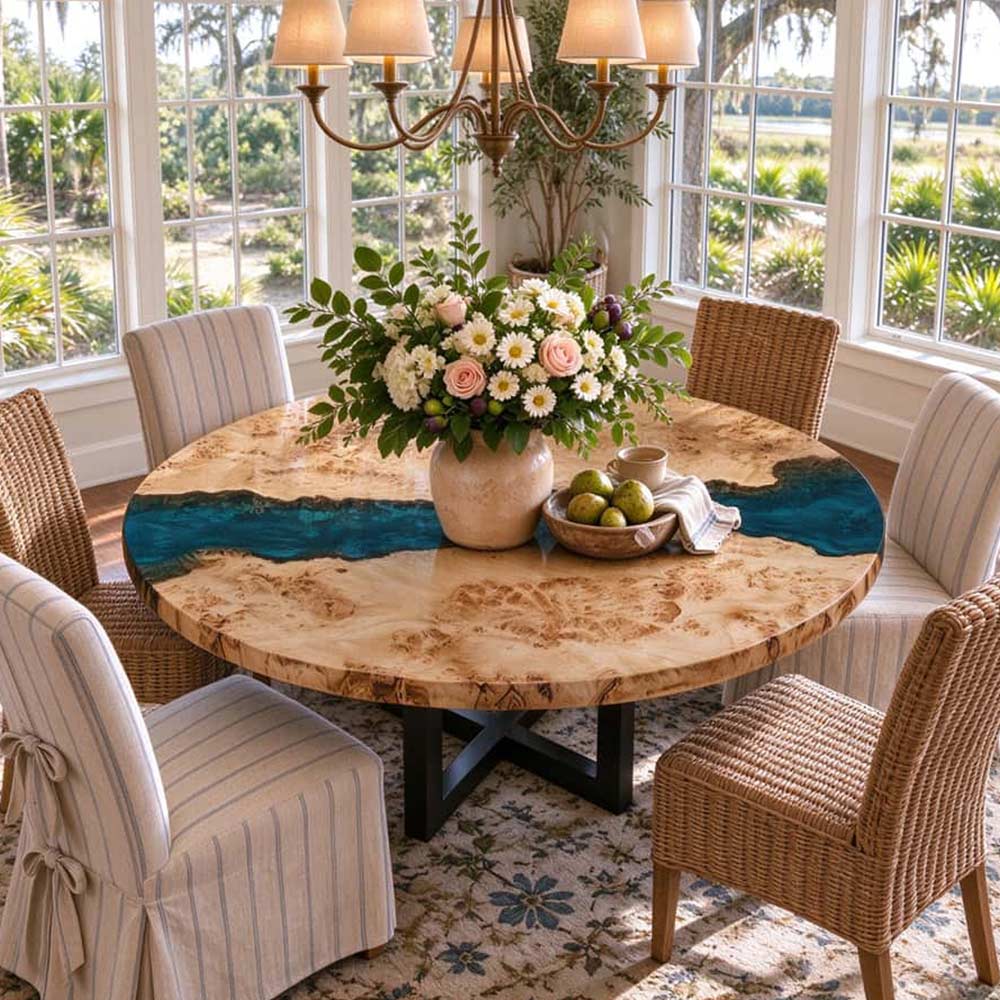 Blue resin Poplar kitchen table with a circular top for a bright dining space