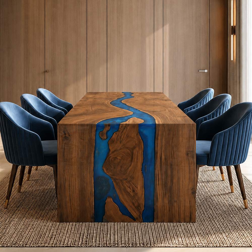 Architectural walnut epoxy lobby table for a luxury interior setting