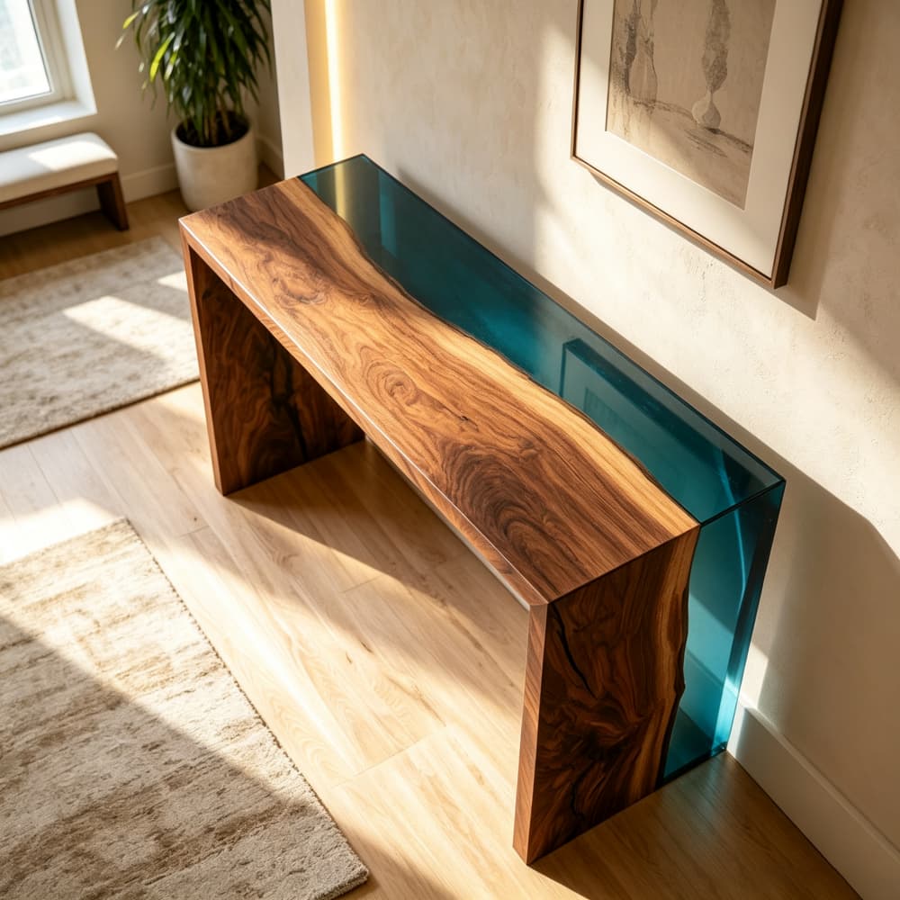 Walnut waterfall foyer table featuring clear blue resin, natural wood grain, and a seamless contemporary console design.