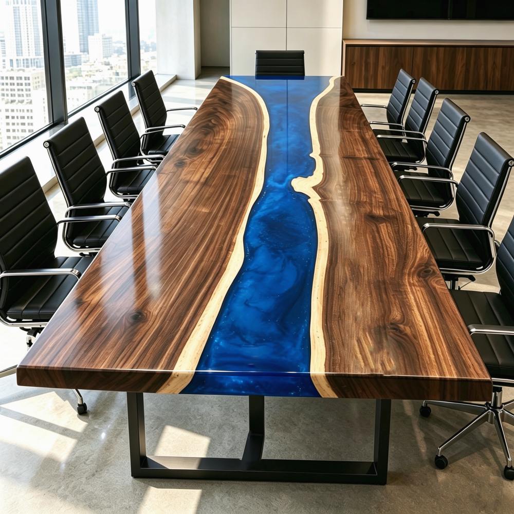 Custom Black Walnut boardroom table featuring a vivid blue river epoxy design in a luxury meeting room.