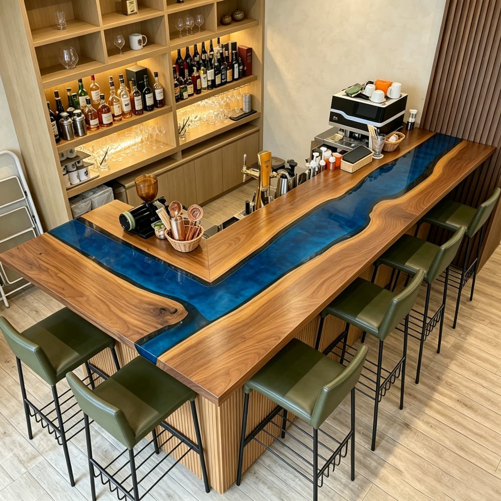 Blue river epoxy bar top flowing through natural Black Walnut for a custom wood and resin bar counter