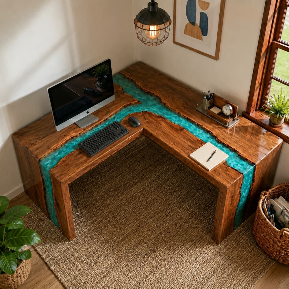 Black walnut blue resin workstation with L-shaped desktop for home office productivity