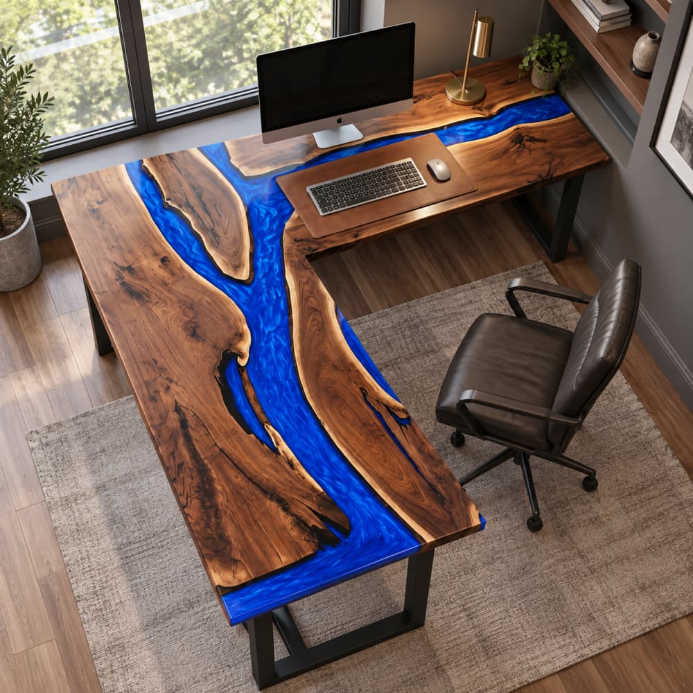 Closeup of swirling blue epoxy resin river on L shaped walnut slab desk, rich solid walnut grain and glossy fluid blue resin swirl texture