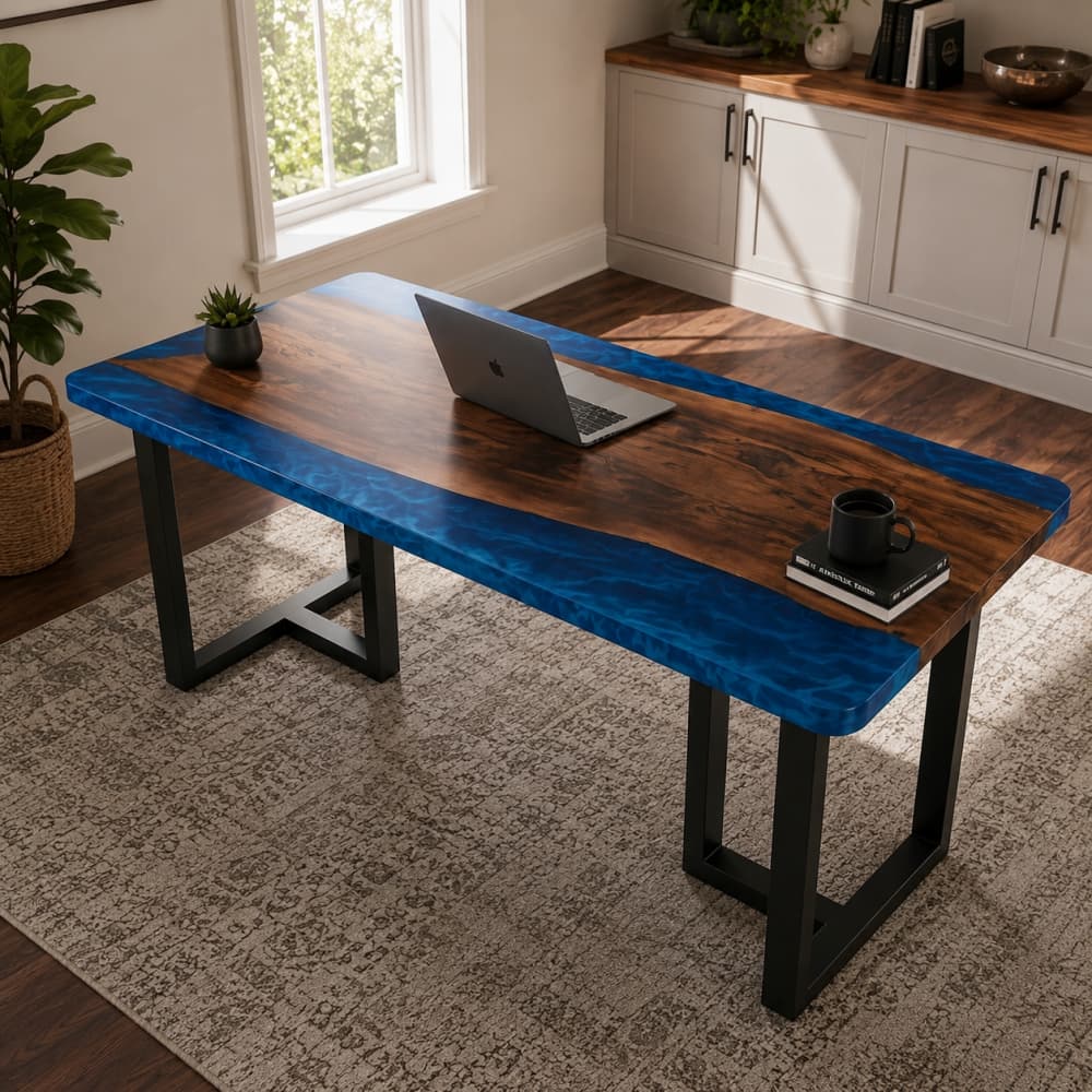 Handmade black walnut office desk with decorative blue epoxy resin detail