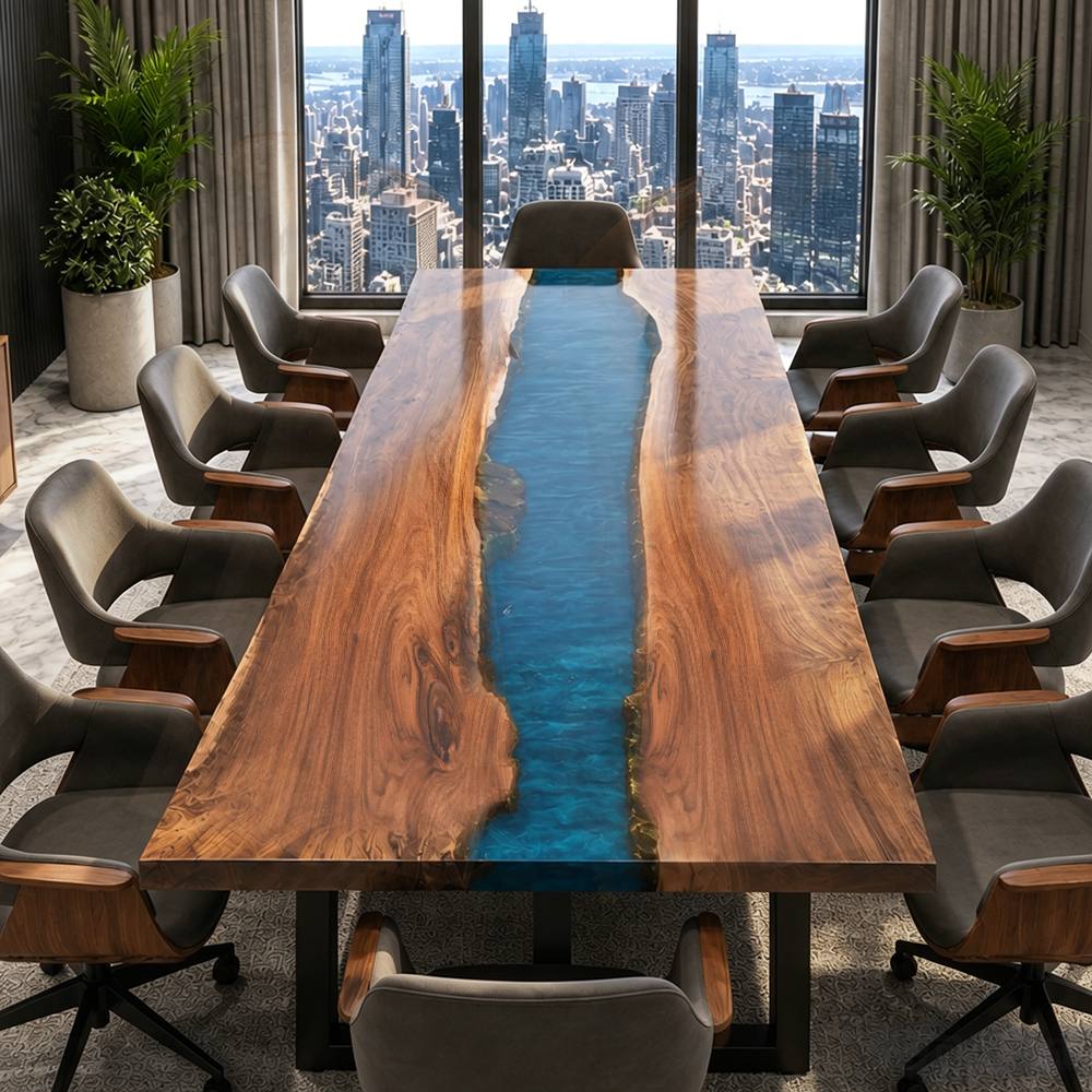 Large black walnut gathering table with flowing blue epoxy river and natural live edge detail.