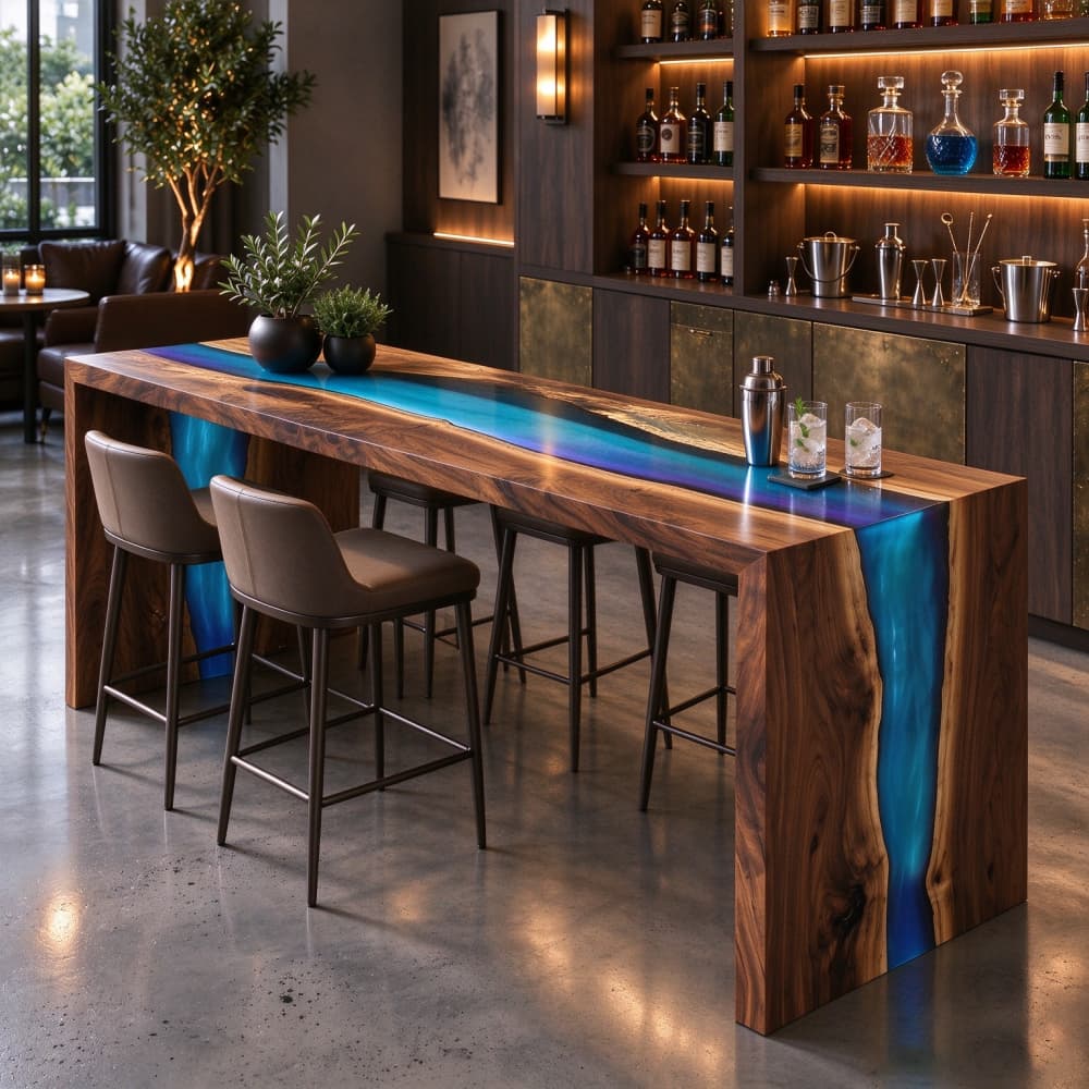 Close-up shot of twilight blue violet epoxy river winding through the natural grain on a solid walnut home bar countertop