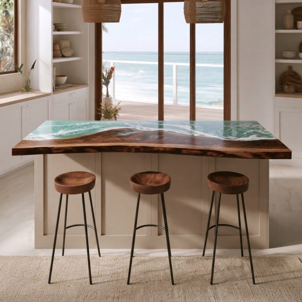 Blue wave epoxy kitchen island top paired with natural walnut wood grain
