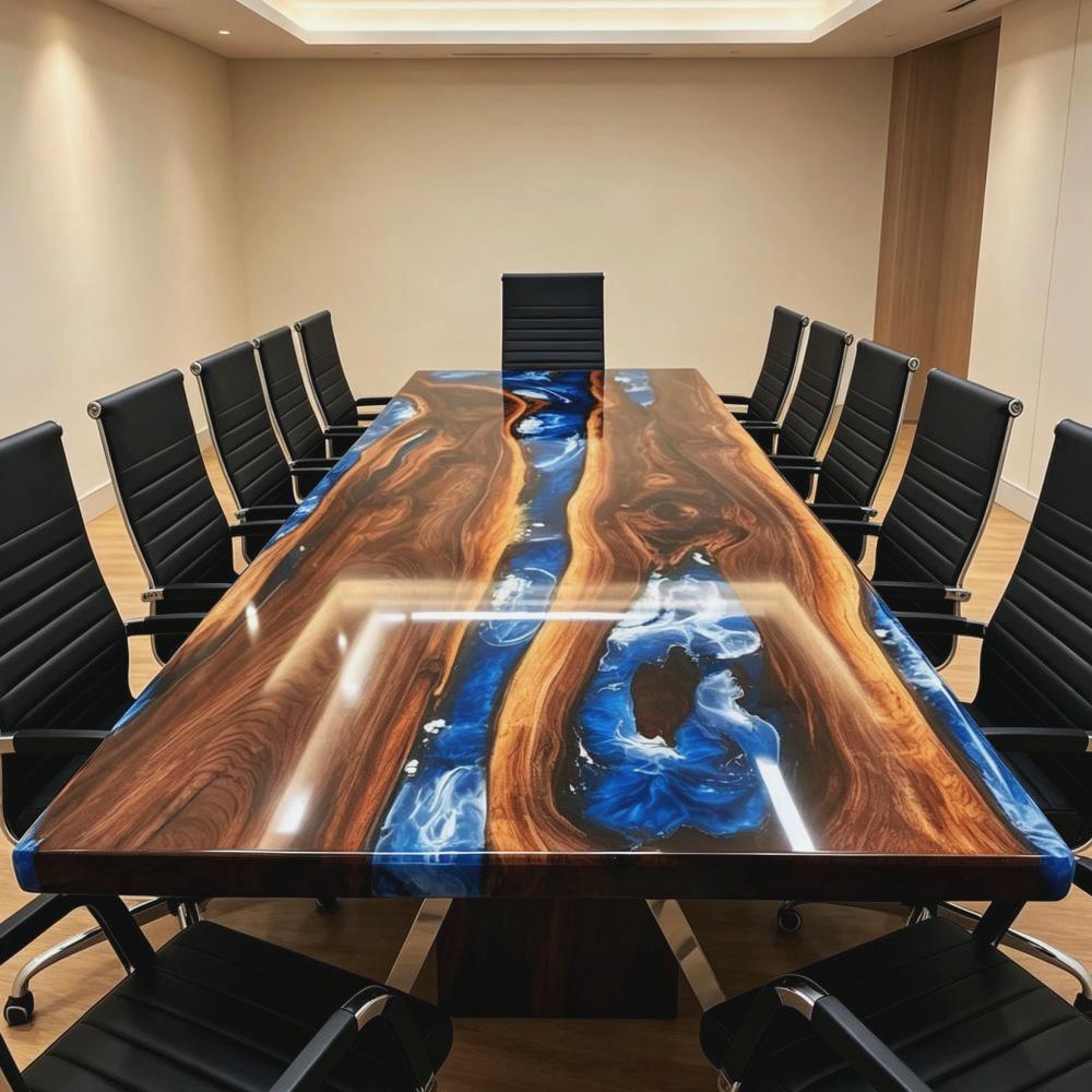 Blue and white swirl epoxy resin design flowing through a custom Black Walnut conference table