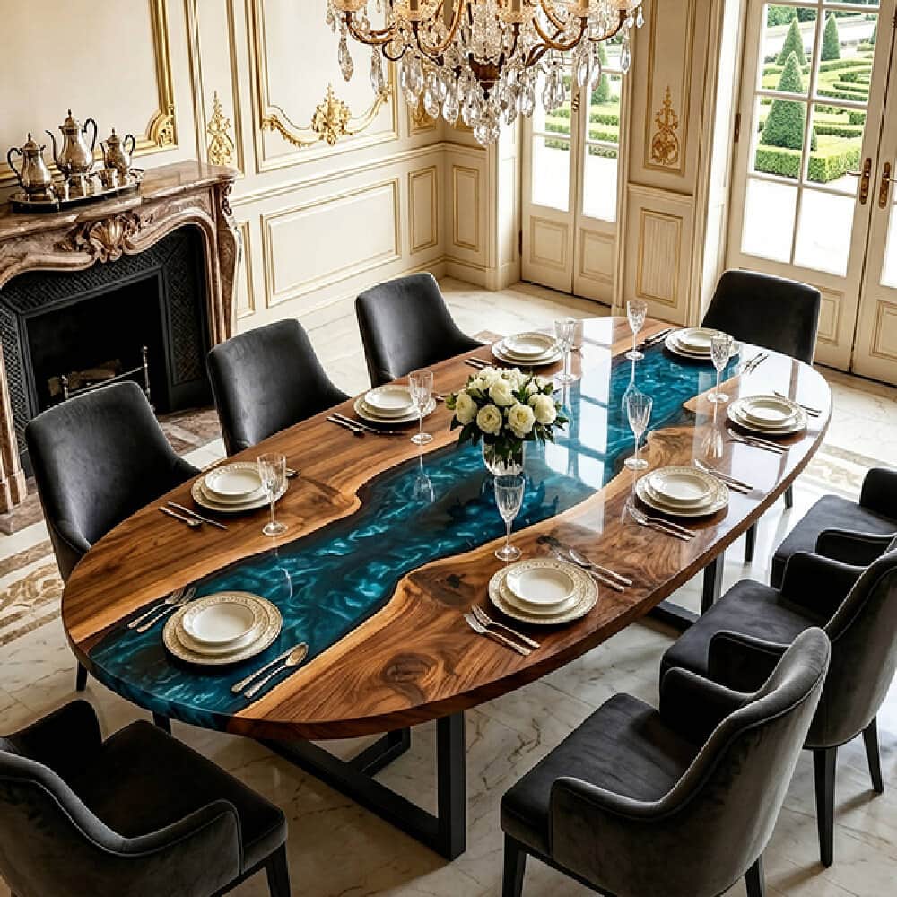 Overhead full shot of boat-shaped oval walnut swirl deep teal epoxy dining table styled in ornate vintage European manor dining room with crystal chandelier and velvet dining chairs.