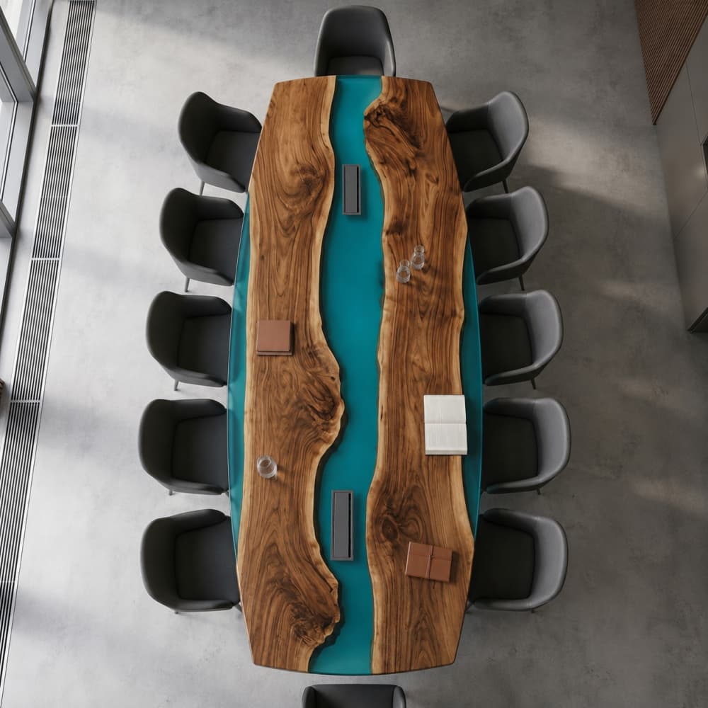 A long boat-shaped black walnut conference table with a transparent lake blue epoxy resin river and dual integrated media plug boxes, situated in a modern office with vertical wood paneling and gray armchairs