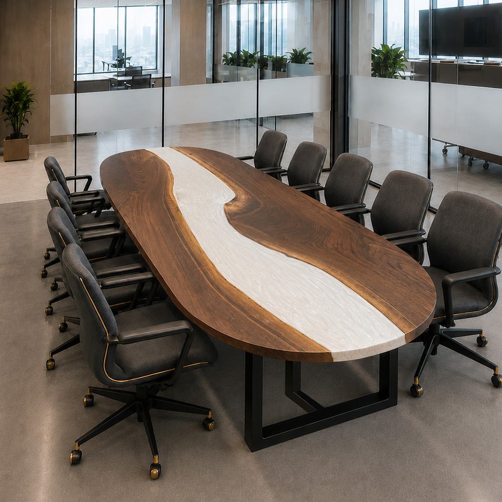 Contemporary boat-style walnut meeting desk with white epoxy inlay