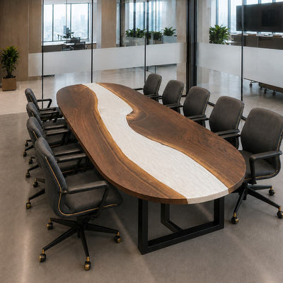 Modern Minimalist Walnut White Epoxy Meeting Table & Custom Boat-Shaped Desk | CT-52