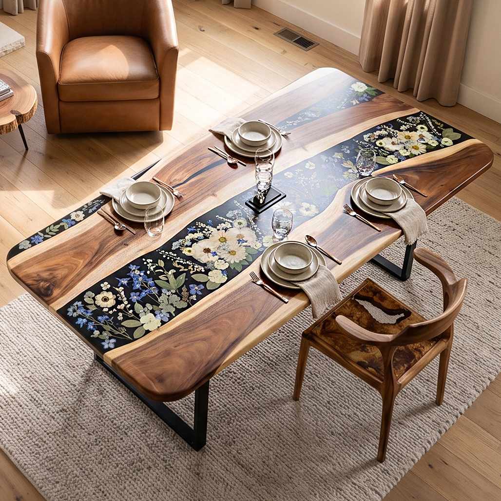 Top angle view of a bespoke black walnut dining table featuring a dark epoxy river with embedded floral designs in a brightly lit room.
