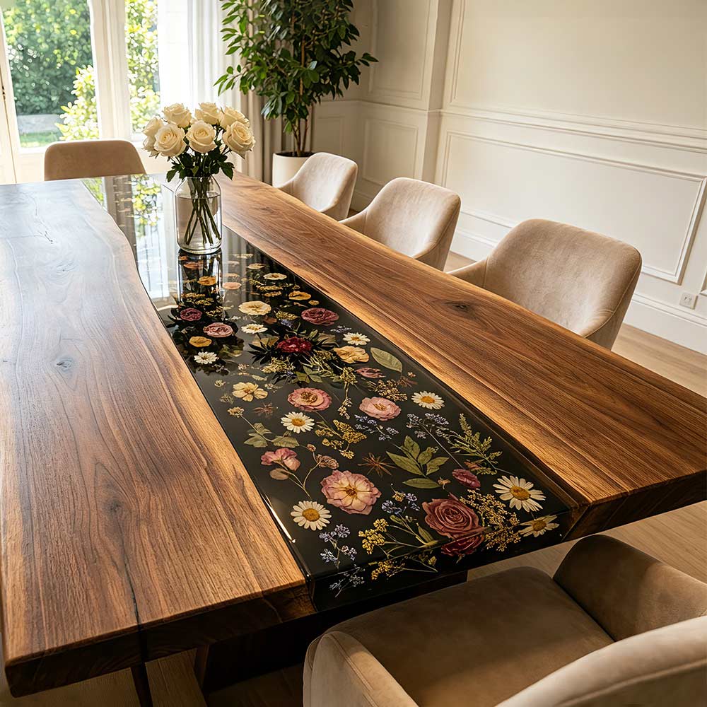 Black walnut dining table featuring a floral resin inlay with preserved botanical elements.