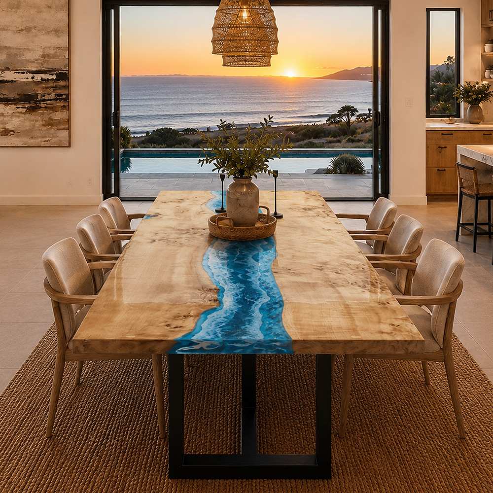 Light tone poplar wood dining table with vibrant blue ocean resin river
