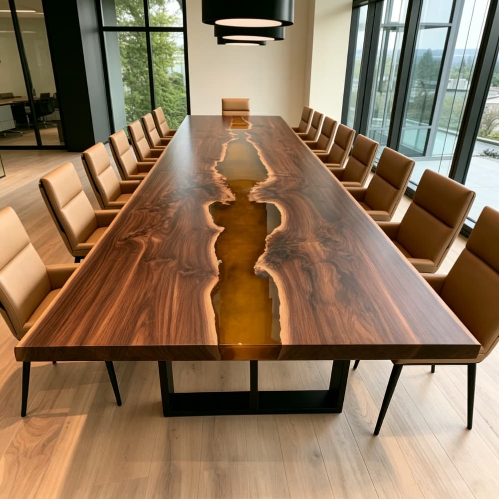Bronze-toned epoxy resin conference table crafted with rich Black Walnut for a luxury corporate meeting room.