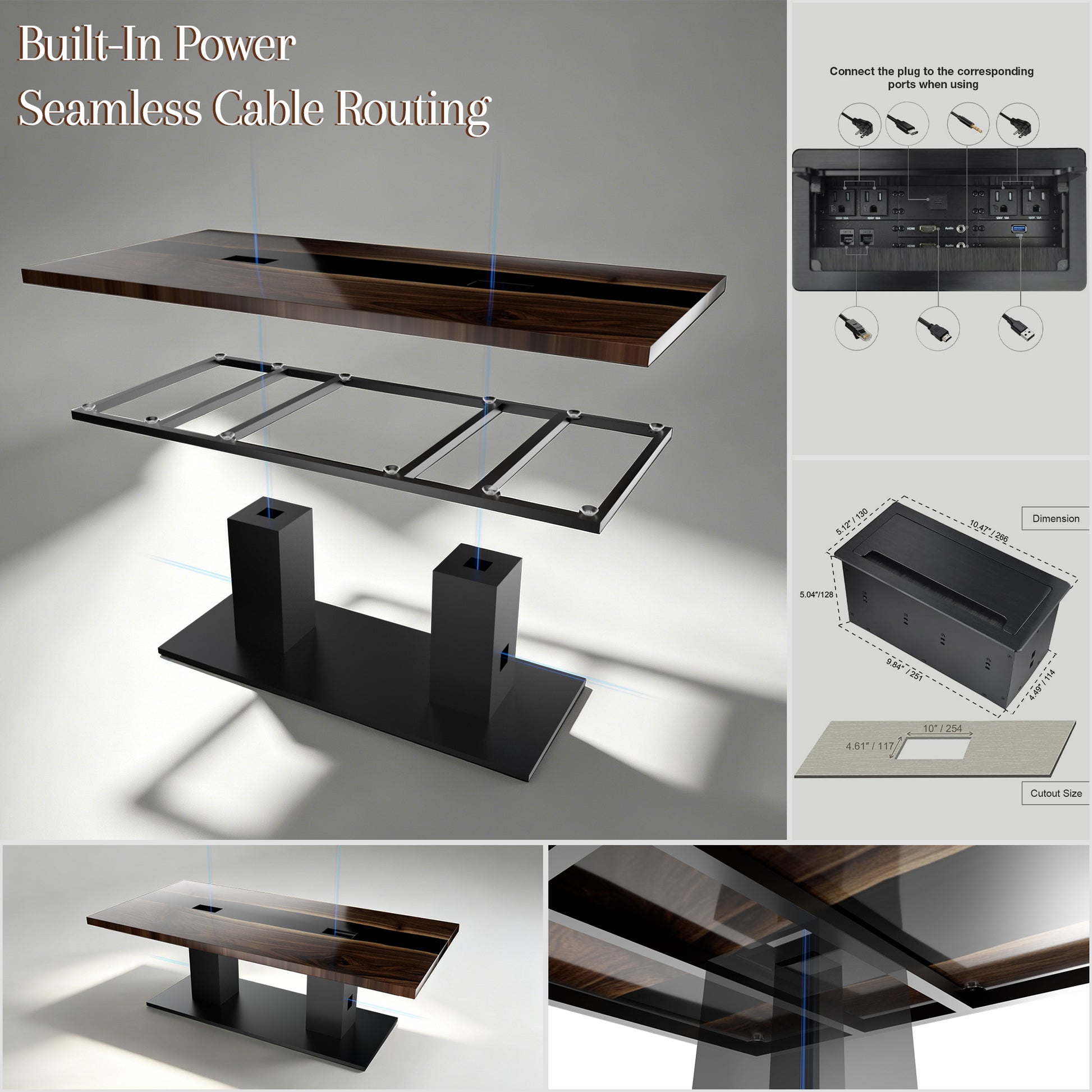 Luxury epoxy conference table with built-in power outlets, concealed cable routing system, and reinforced steel support structure.