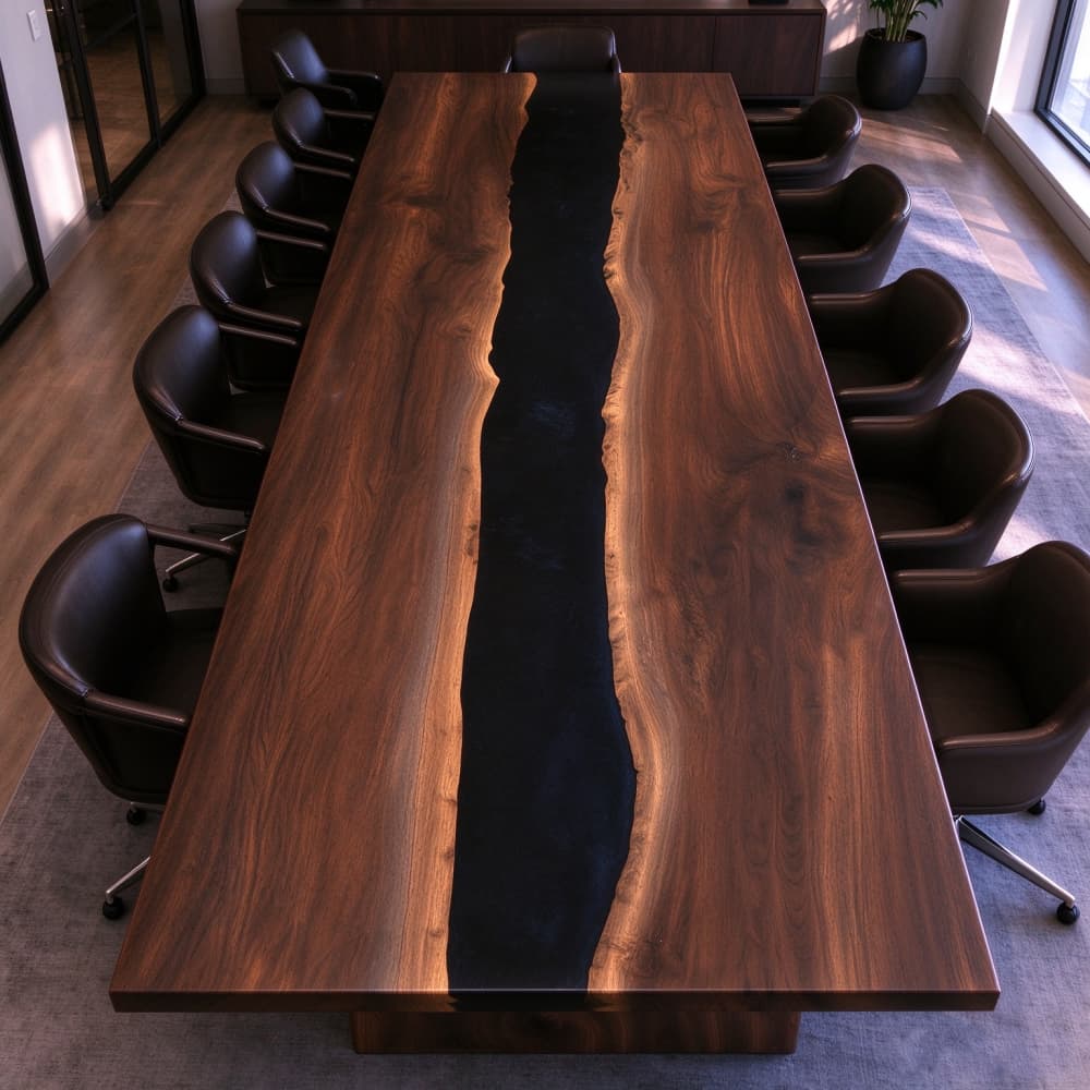 Modern corporate office meeting room featuring a multi-person black walnut resin river table for C-suite executive team meetings.