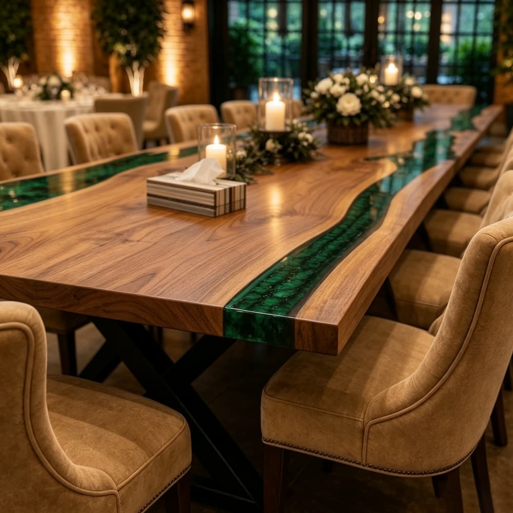 Elegant candlelit dining setup on a custom walnut and emerald resin table