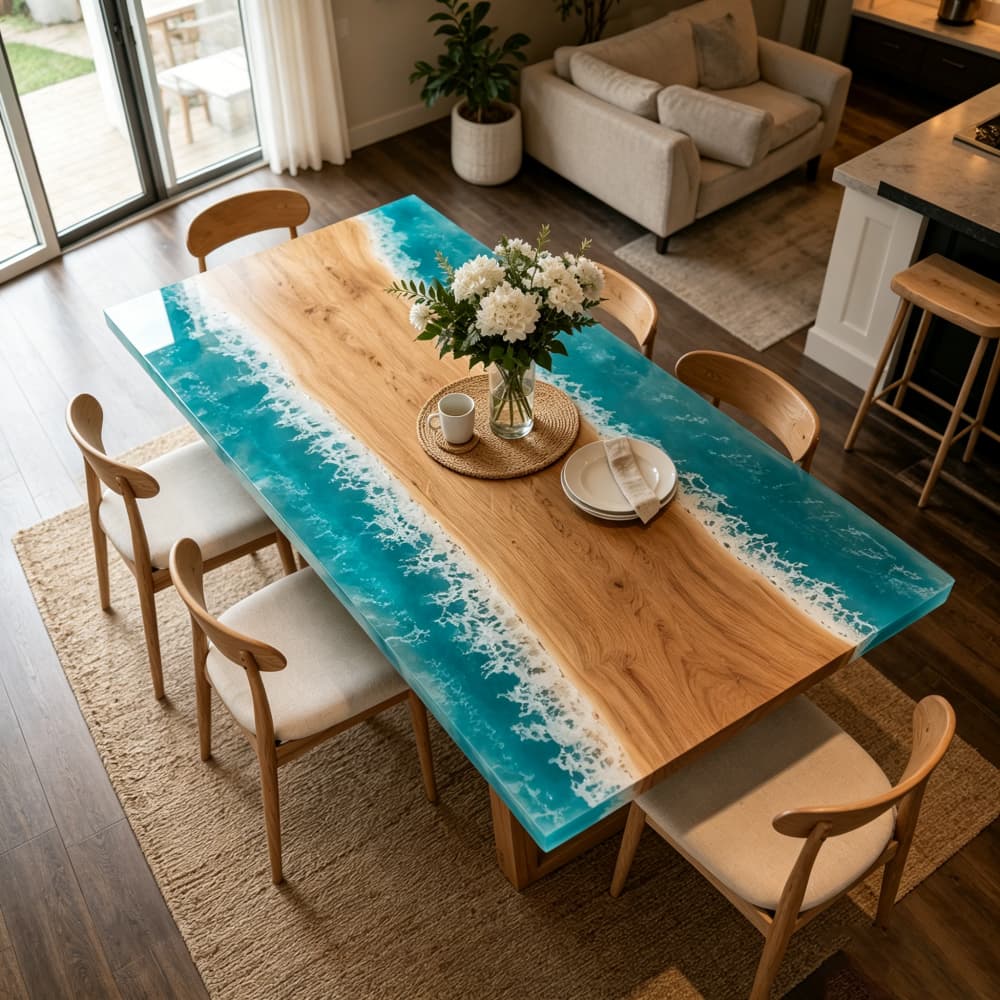 Custom ash wood dining table featuring a vibrant teal ocean wave resin river with white crashing sea foam in a sunlit modern home