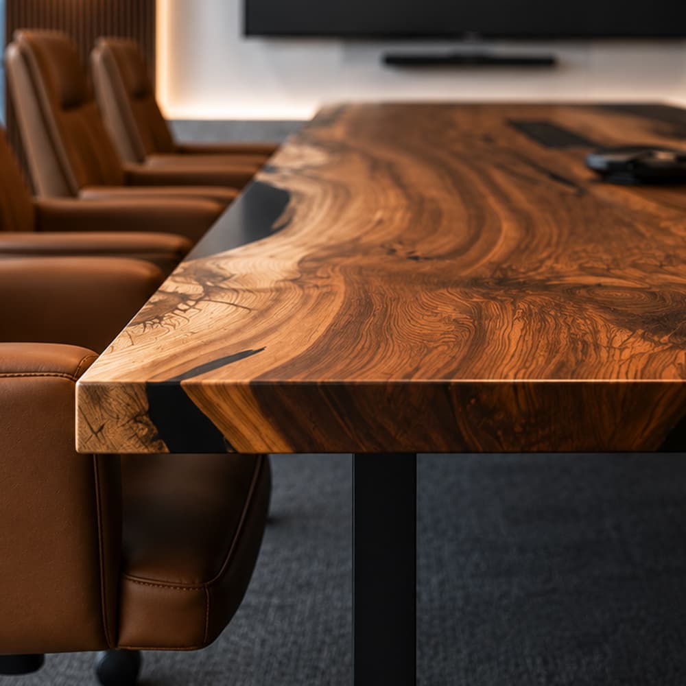 Black walnut epoxy boardroom table for law firms, corporate offices, design studios, and private meeting rooms