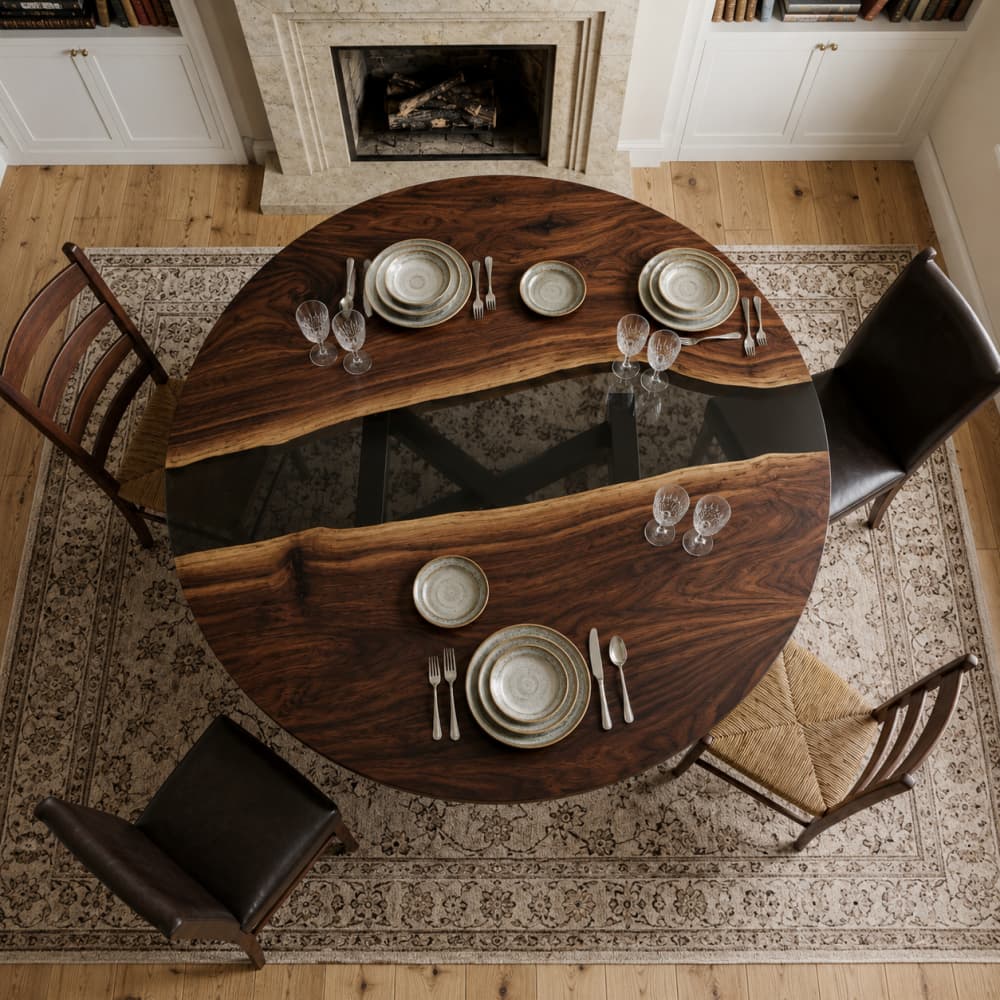 Close-up top view of organic circular hardwood slabs joined by a glossy tinted crystalline resin flow.