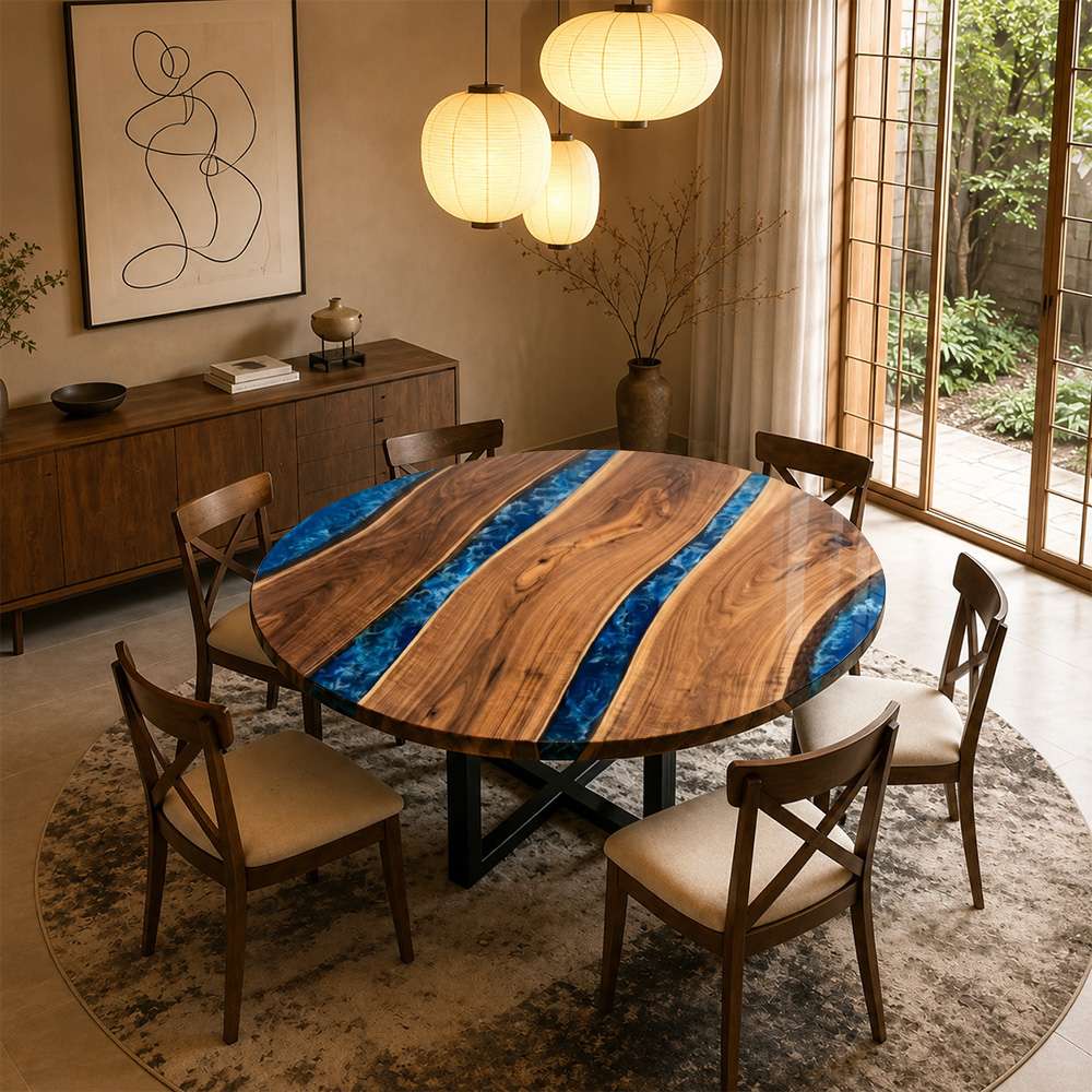 Circular walnut tabletop featuring blue resin ribbon details and natural wood grain movement for family dining