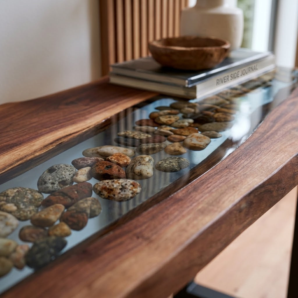 Custom walnut entryway table with transparent blue resin and river stone details
