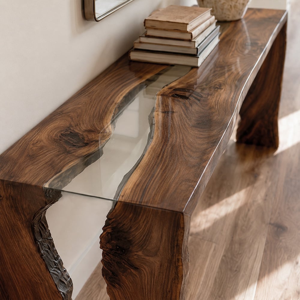 Close-up of crystal-clear epoxy resin flowing between natural black walnut live edges