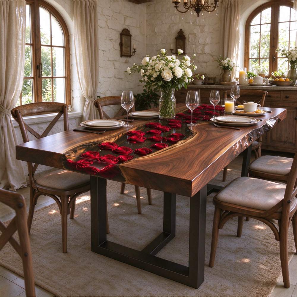 Clear resin rose statement dining table, preserved botanical flowers in glossy epoxy with natural walnut grain.