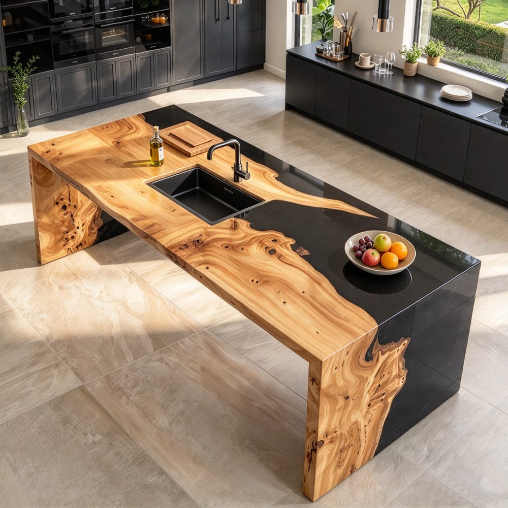 Closeup shot of intricate poplar burl grain blending seamlessly with glossy black epoxy on waterfall kitchen island surface
