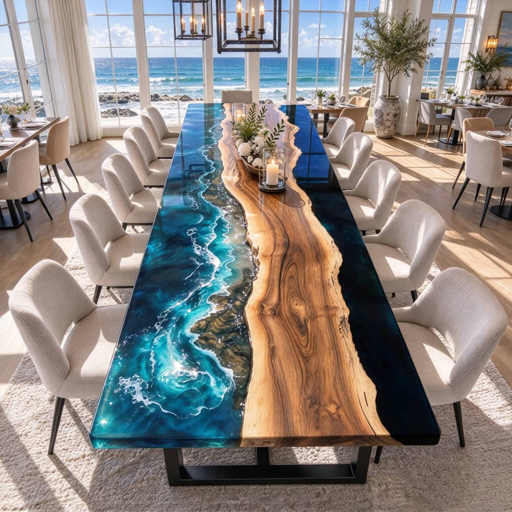 Coastal blue resin dining table combining warm walnut grain with turquoise ocean effects
