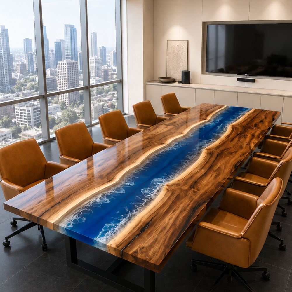 Large conference table featuring coastal blue epoxy resin flowing through solid black walnut slabs