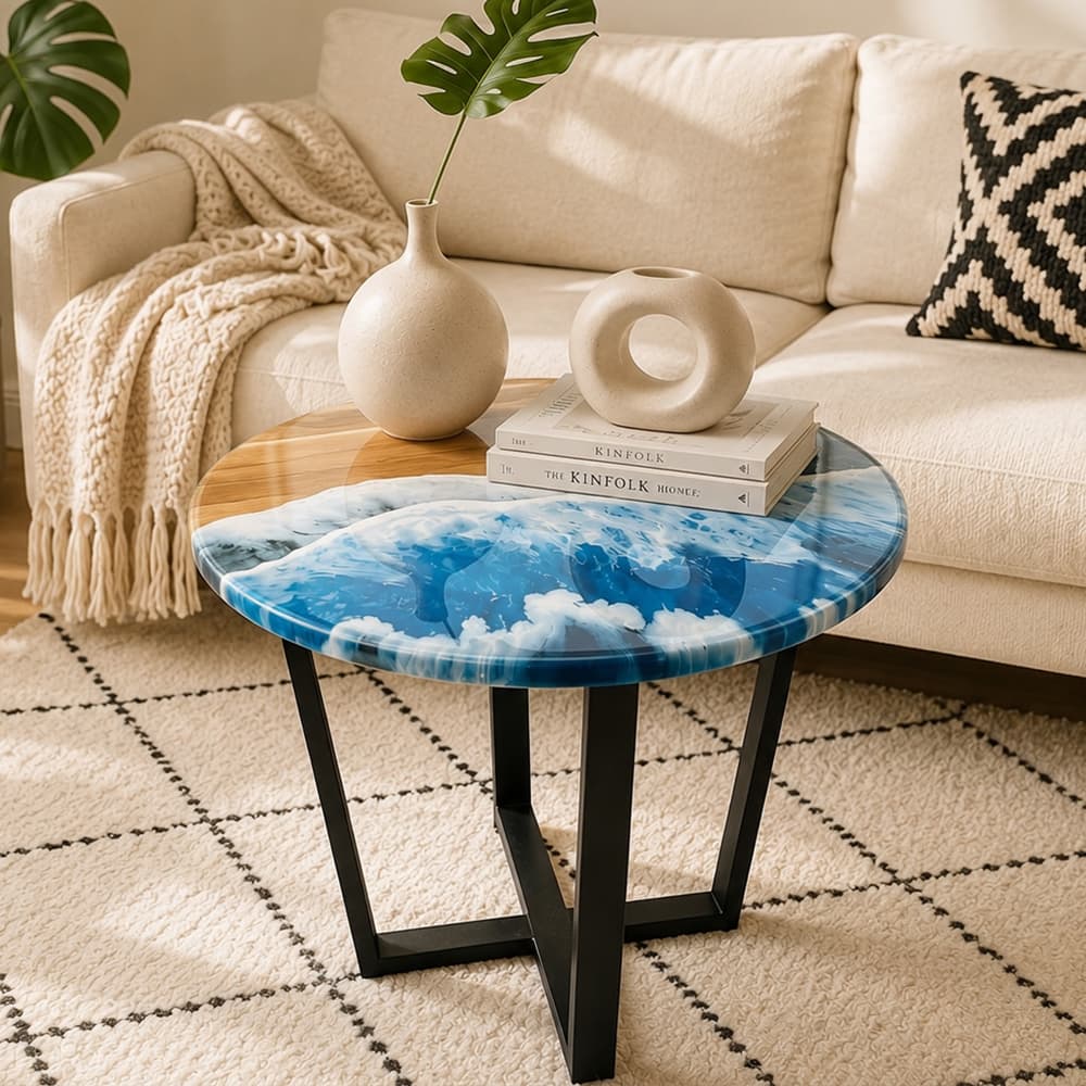 Round ocean resin beach theme coffee table placed in a cozy warm-toned modern living room next to a cream bouclé sofa