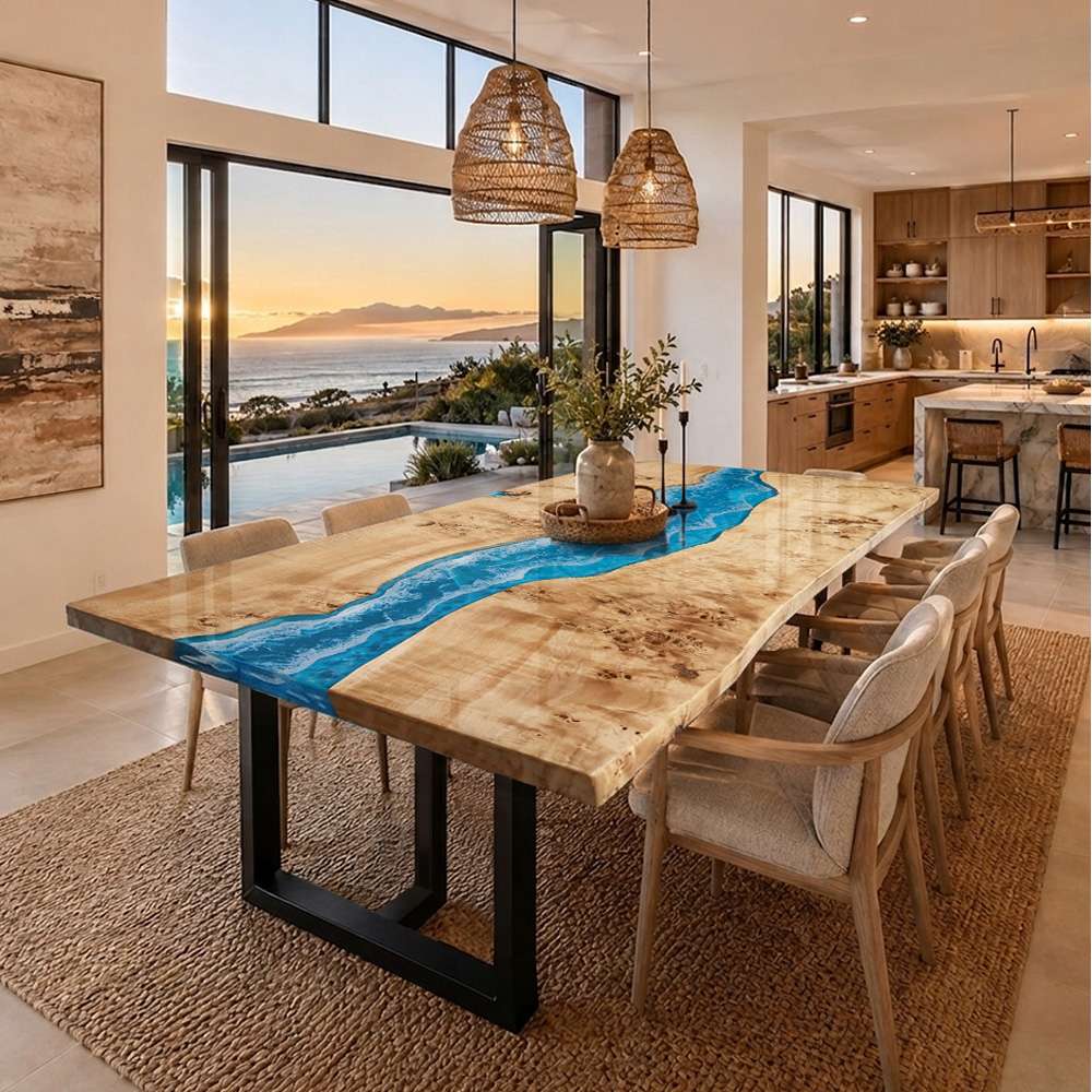 Coastal inspired dining furniture featuring light poplar and wave-pattern resin