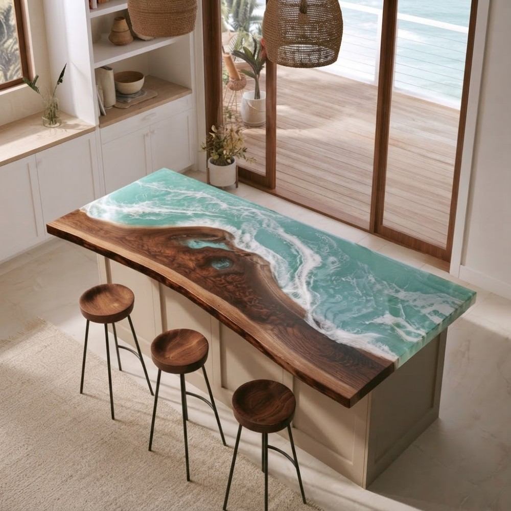 Coastal walnut resin breakfast bar island with flowing aqua epoxy and wave detail