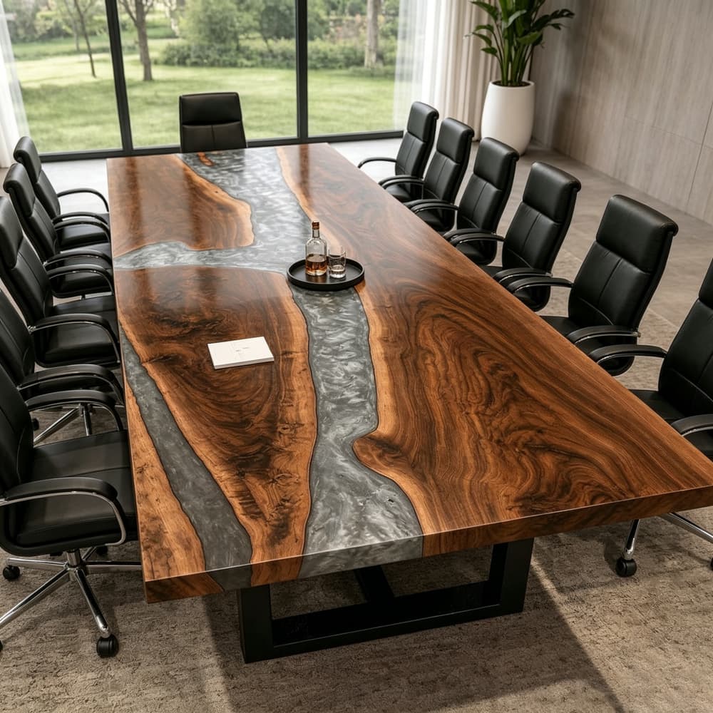 Rich natural wood grains of kiln-dried black walnut paired with a silver vortex resin center for luxury office furniture