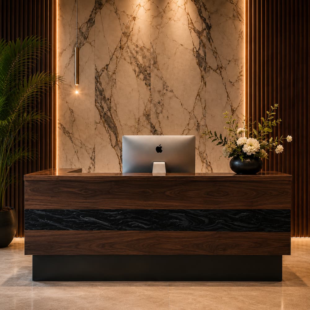 Solid walnut luxury spa reception desk featuring wide black epoxy resin panel, contemporary front office check-in counter for boutique hotel and commercial lobby
