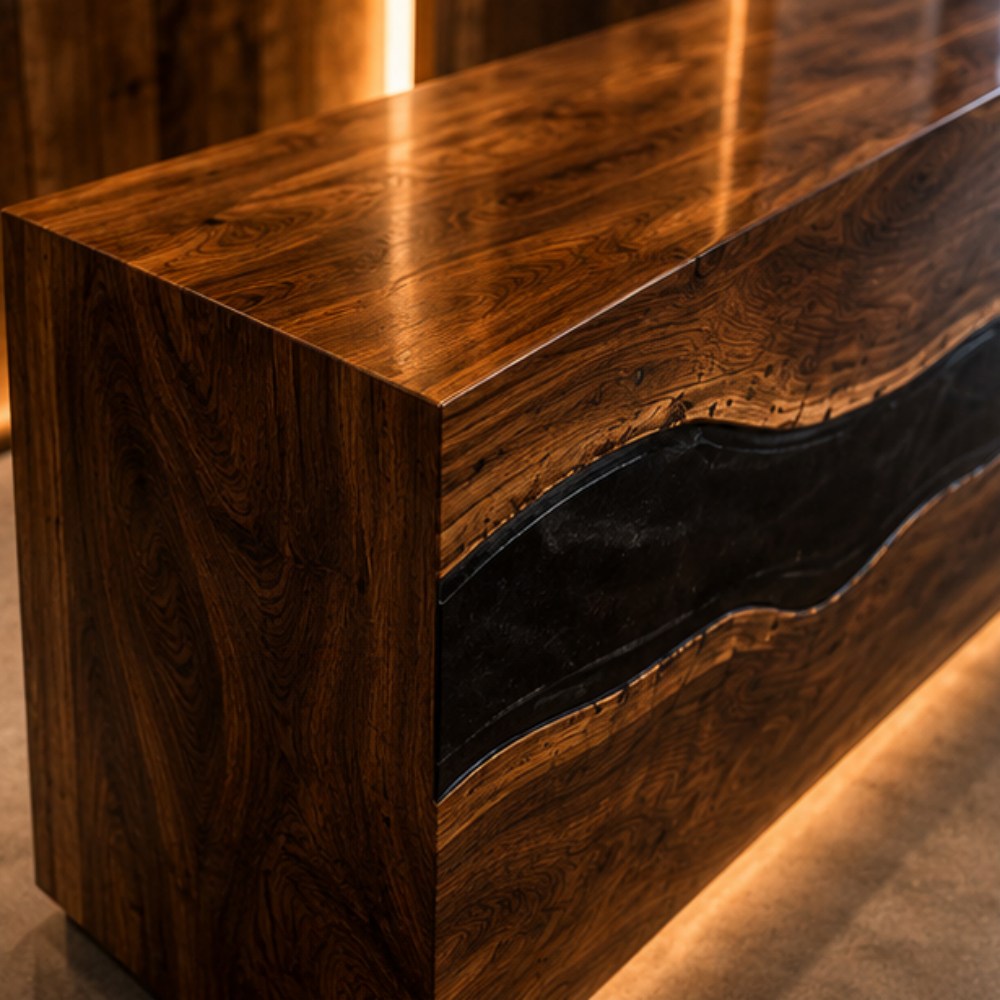 Commercial reception desk handcrafted from walnut slabs and gunmetal epoxy resin