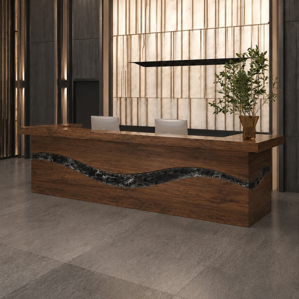 Commercial walnut reception counter with metallic silver resin feature panel
