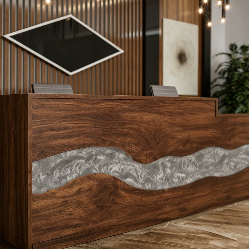 Handcrafted walnut office reception desk with sculpted silver swirl resin accent