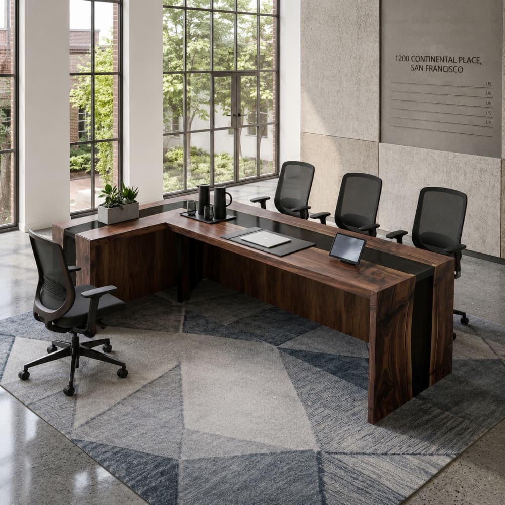 Executive meeting table featuring walnut wood and transparent black resin accents