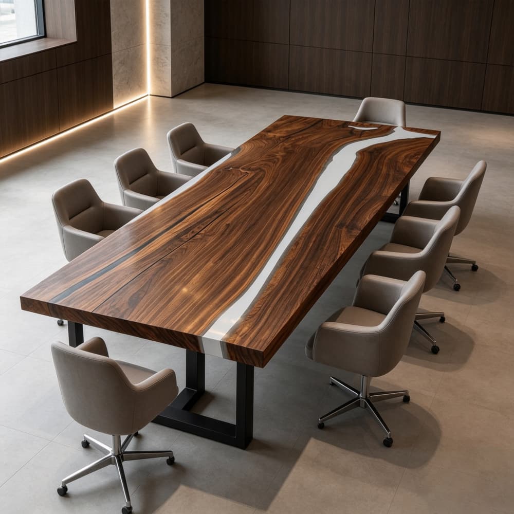 High-contrast design featuring black walnut wood and alpine white resin