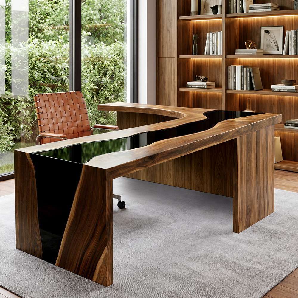 Black walnut L-shaped executive desk with black resin waterfall panels and modern office design