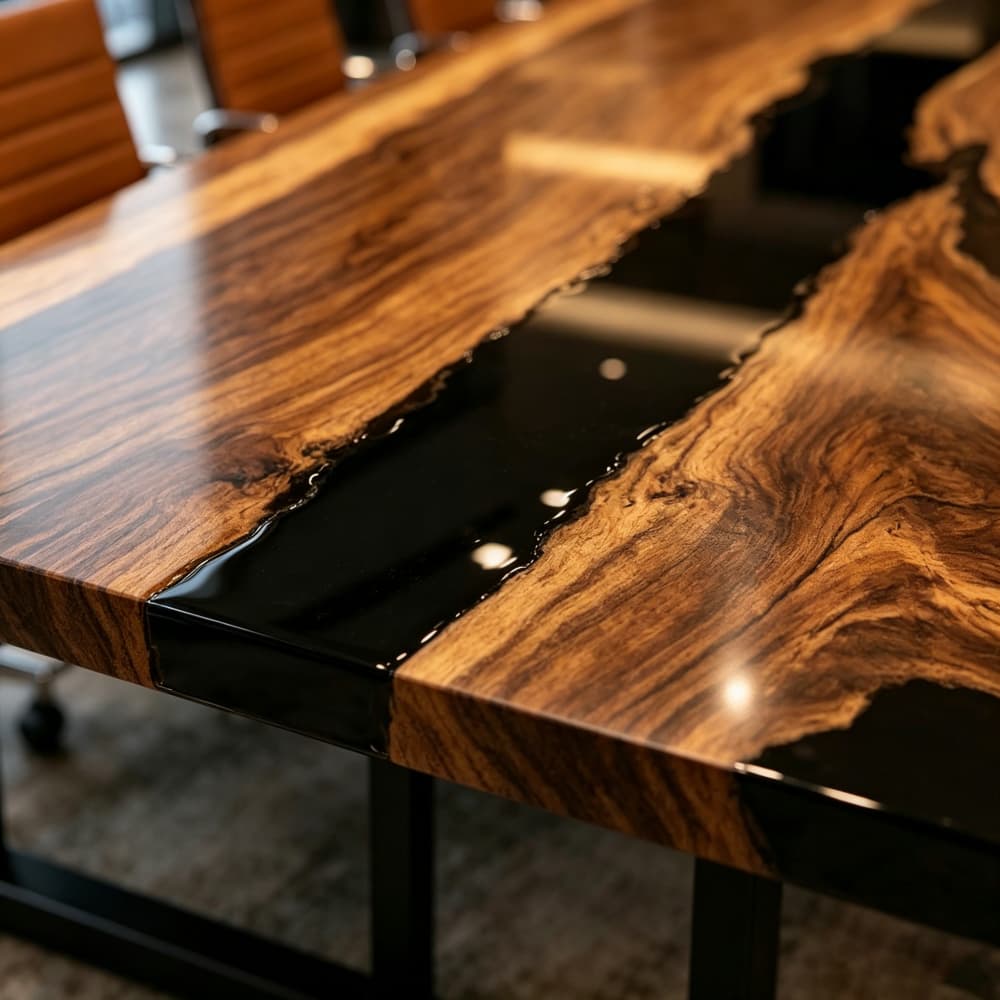 Luxury imperial walnut conference table with black resin river for executive boardrooms