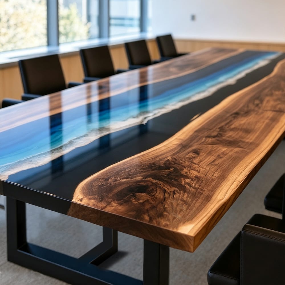 Custom Black Walnut epoxy conference table designed for a spacious corporate meeting room.